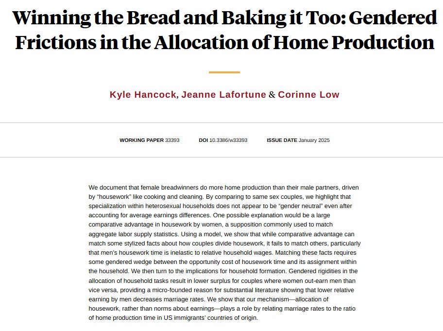 NBER (@nberpubs) on Twitter photo Gendered roles have converged in the workplace, but not at home. New evidence suggests that the inelasticity of men's housework time might be standing in the way of marriage, from Kyle Hancock, Jeanne Lafortune, and <a href="/femonomics/">Corinne Low</a> nber.org/papers/w33393 Gendered roles have converged in the workplace, but not at home. New evidence suggests that the inelasticity of men's housework time might be standing in the way of marriage, from Kyle Hancock, Jeanne Lafortune, and <a href="/femonomics/">Corinne Low</a> nber.org/papers/w33393