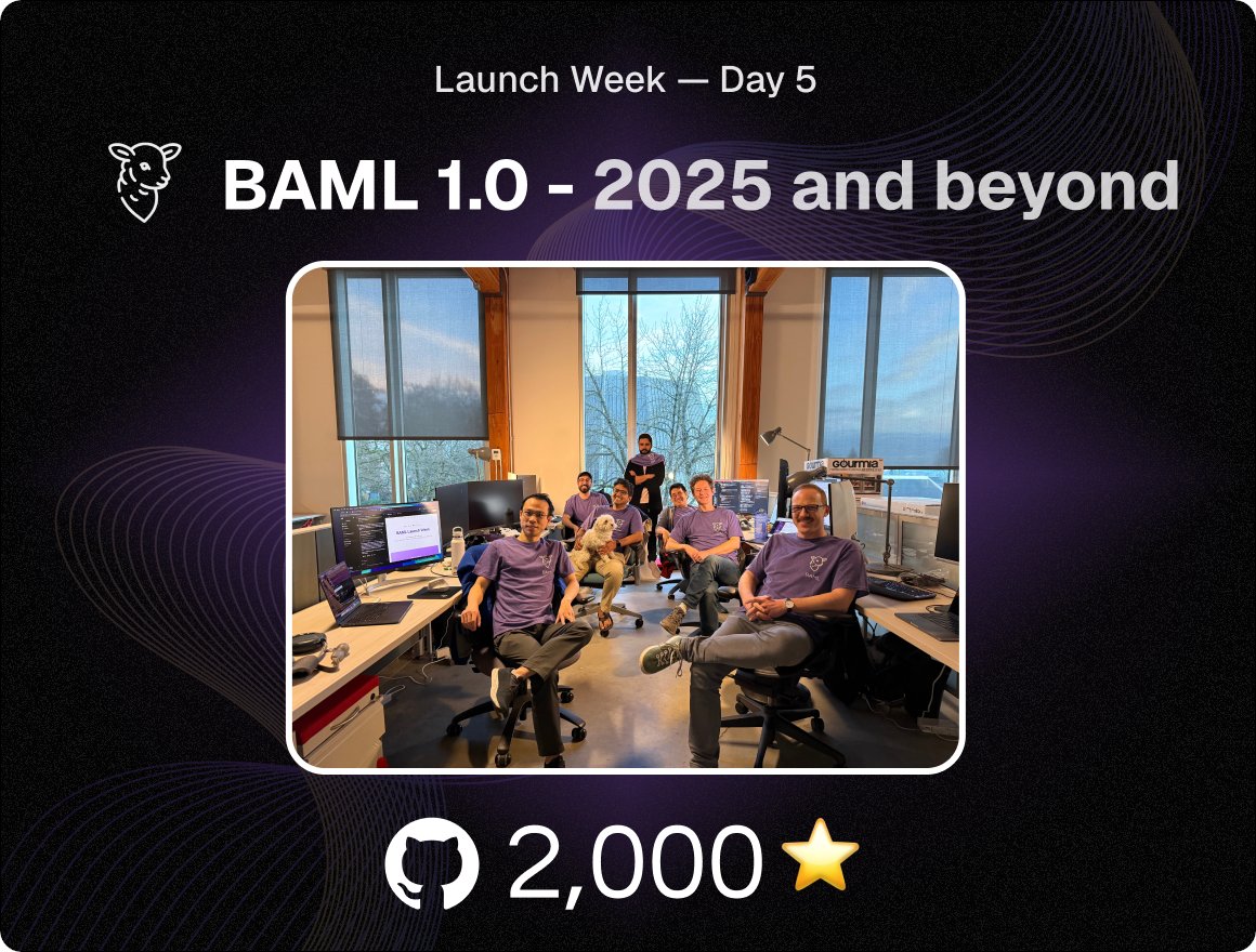 Final day of Launch Week, and we just crossed 2000 ⭐️ on Github 🚀

Today, we’re more than excited to unveil our vision and what you can expect from BAML 1.0 in 2025 — with a strong focus on enterprise scalability and developer experience.

And today the spotlight is on our team