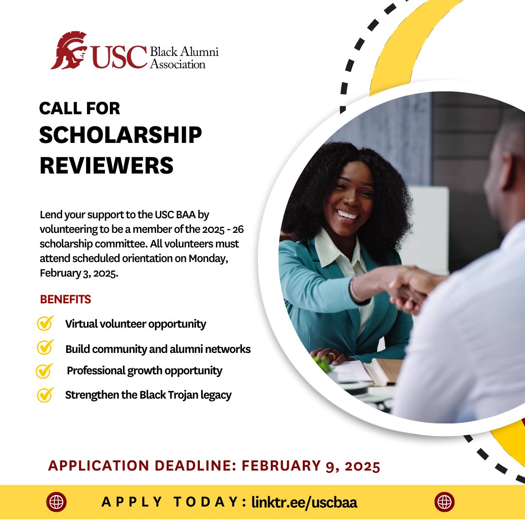 USC BAA invites you to volunteer as a 2025-26 scholarship reviewer. If you've been looking for the opportunity to become active with USC BAA, this is for you! Volunteer virtually, click the link in our bio to apply by the February 9th deadline.