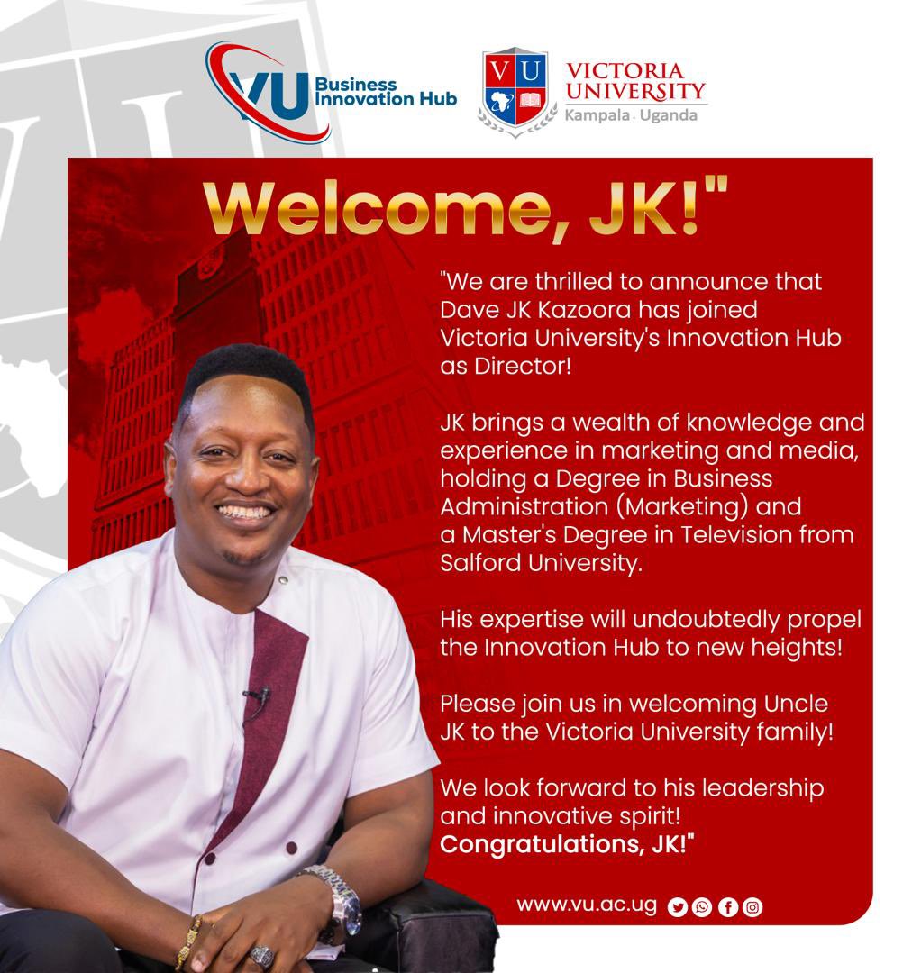 Welcome, JK! 

Victoria University is thrilled to welcome Dave JK Kazoora as the Director of our Innovation Hub! 

With his vast expertise in marketing &amp; media, we are excited for the transformative impact he’ll bring.

Join us in celebrating his new journey! 

You can also be