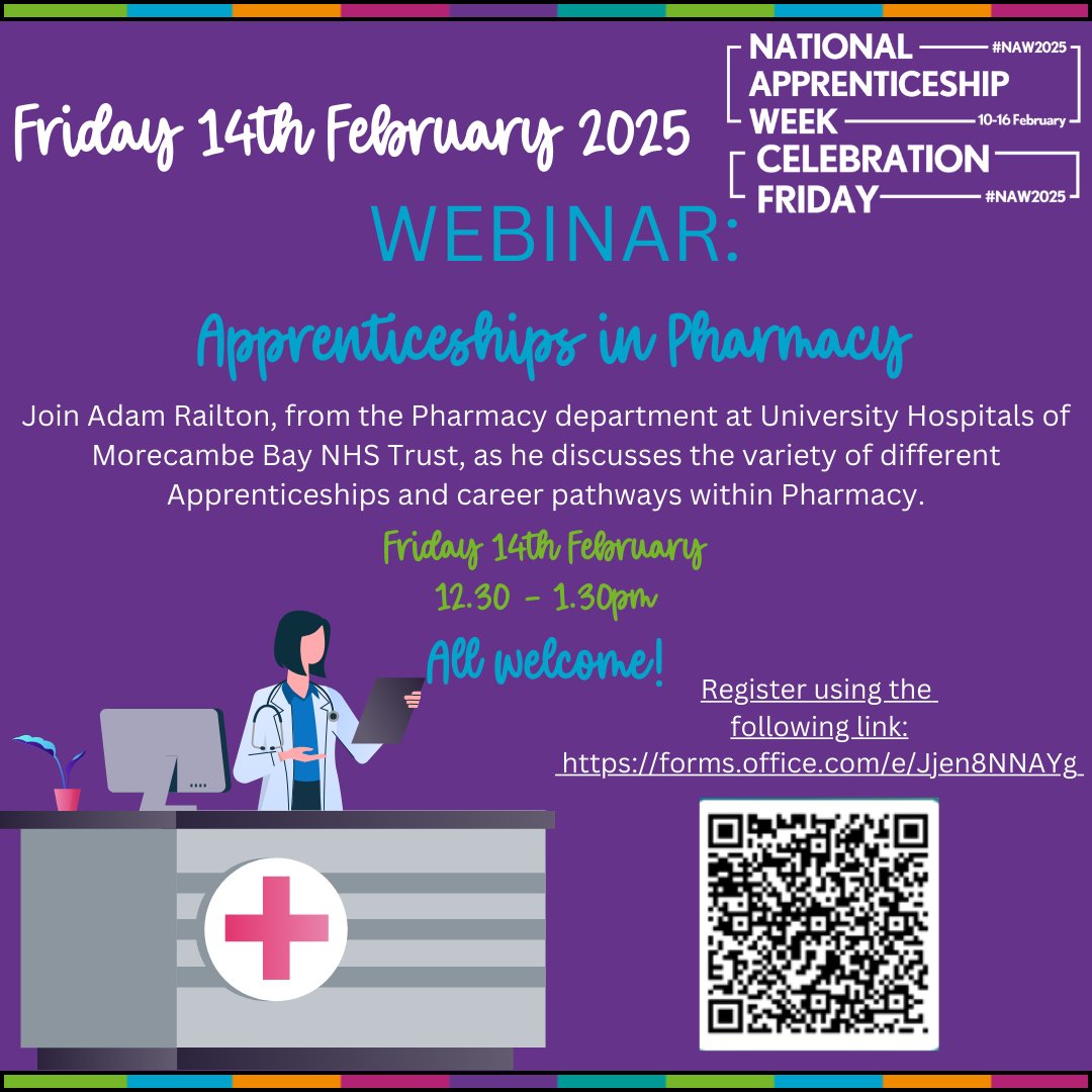 UHMBT Apprenticeships (@uhmbtapprentice) on Twitter photo Apprenticeships in Pharmacy Webinar - All Welcome!
Join Adam from <a href="/UhmbPharmacy/">UHMBPharmacy</a> during #NationalApprenticeshipWeek2025 as he discusses different Apprenticeship opportunities within Pharmacy.
Friday 14th February, 12.30
Contact: hayley.niven-brown@mbht.nhs.uk to book Apprenticeships in Pharmacy Webinar - All Welcome!
Join Adam from <a href="/UhmbPharmacy/">UHMBPharmacy</a> during #NationalApprenticeshipWeek2025 as he discusses different Apprenticeship opportunities within Pharmacy.
Friday 14th February, 12.30
Contact: hayley.niven-brown@mbht.nhs.uk to book