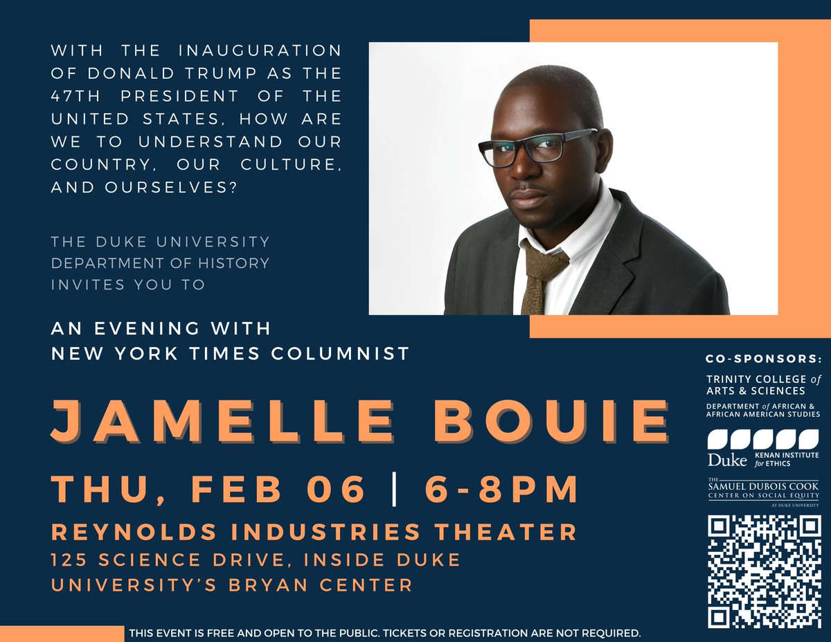 THURSDAY, FEB 6: NYT Columnist Jamelle Bouie on "Futures for American Democracy"

Join us for this special evening at Reynolds Theater. This event is free and open to the public. For more info: duke.is/bouie