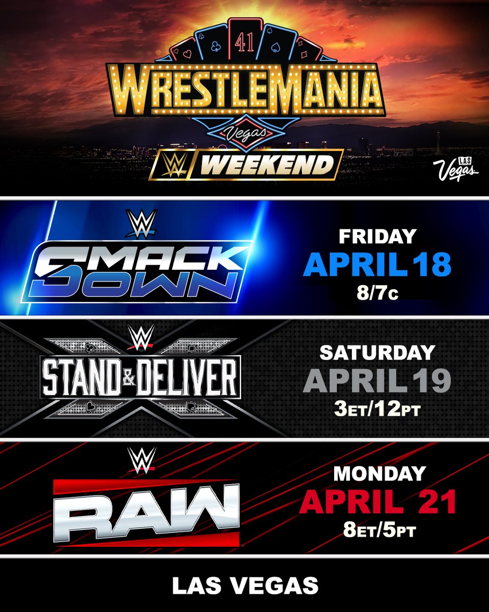 WWE (@wwe) on Twitter photo WWE today announced its initial schedule of major events planned for #WrestleMania 41 week in Las Vegas, including three events at <a href="/TMobileArena/">T-Mobile Arena</a>!
MORE INFO: wwe.com/shows/wrestlem… WWE today announced its initial schedule of major events planned for #WrestleMania 41 week in Las Vegas, including three events at <a href="/TMobileArena/">T-Mobile Arena</a>!
MORE INFO: wwe.com/shows/wrestlem…
