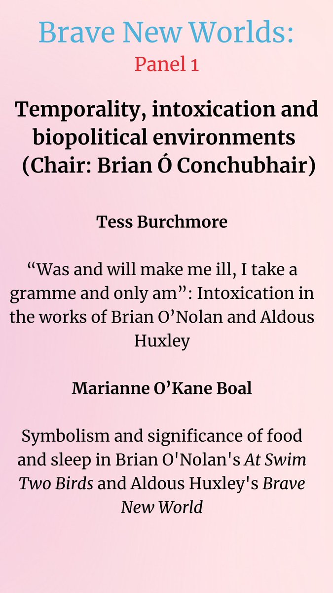 Eek! I am extremely excited to share the first panel for #BraveNewWorlds. Friday will see us explore intoxication and the experience of time across the work of Huxley and O'Nolan in this most pharmacologically exciting set of papers! 💊

#aldoushuxley #zurichevents #flannobrien