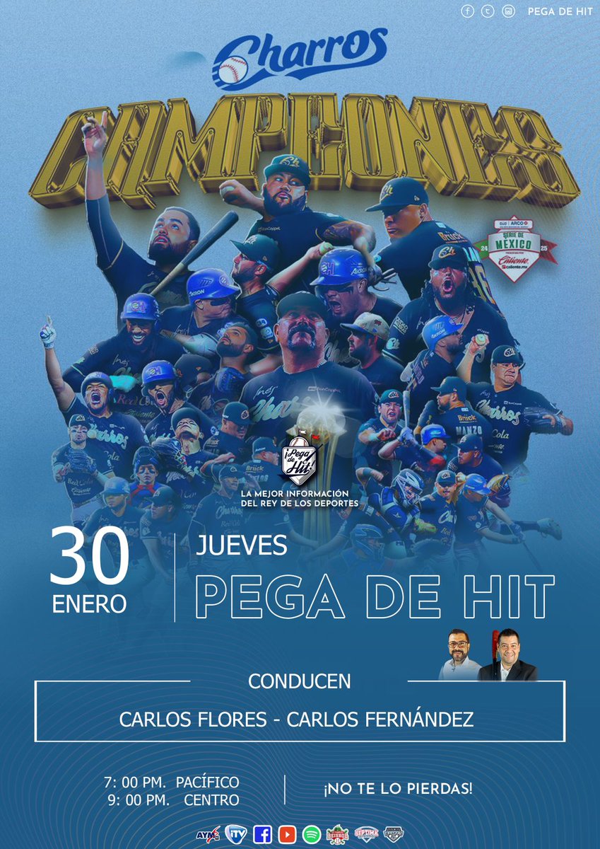 pegadehit's tweet photo. #PegaDeHit 273 ⚾ 🎙️

⚾ Charros Campeón 
⚾ Serie del Caribe 2025
⚾ Juego Perfecto en la LMS
⚾ Inmortales a Cooperstown

📺 InternetvDeportes
📲 Facebook Live
🖥️ Youtube

🎙️ @CarlosFloresMtz
🎙️ @CAFERNANDEZR

Link 👇🏻
https://t.co/S8uwzHE3Is https://t.co/eeBhTipCVJ