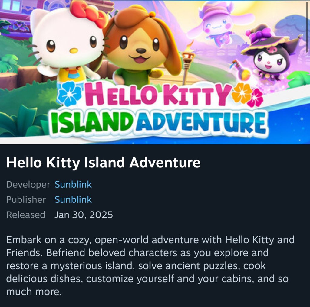 I can't play it yet but doesn't meant you shouldn't be able to
Giving away 2 copies of HELLO KITTY ISLAND ADVENTURE!! 

RULES 
- MUST HAVE A STEAM ACCOUNT 
- Like and Retweet 
- Follow ( optional ) 
- Reply with your favourite food!