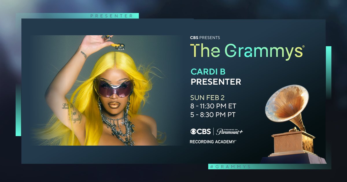 RecordingAcad's tweet image. When she steps, it’s stampede! @iamcardib is presenting at the 67th #GRAMMYs.

Tune in on Feb. 2nd at 8 PM ET / 5 PM PT, only on @CBS and @ParamountPlus: grm.my/40ZJsNl