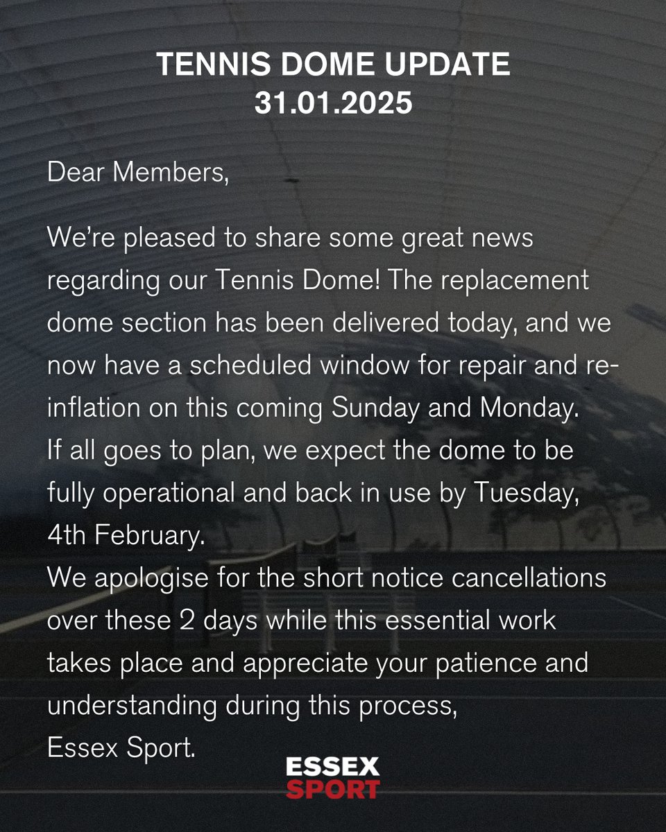 We are delighted to share a positive update regarding our Tennis Dome!

#EssexSport | #UniversityofEssex