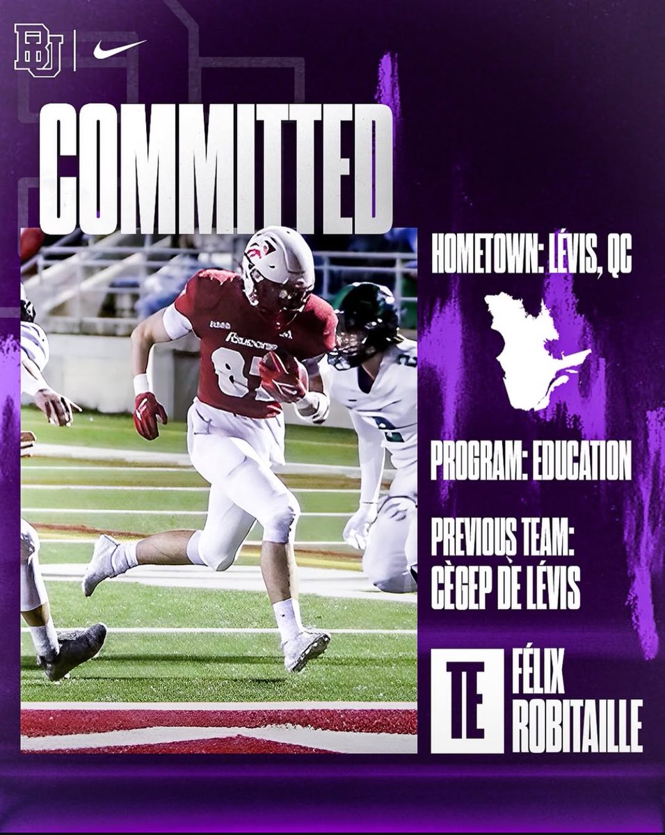 Excited to announce that TE Félix Robitaille has chosen to continue his Academic and athletic journey with Bishop's Gaiters 🏈. He will be pursuing a degree in Education. #BleedPurple 🐊🐊🐊