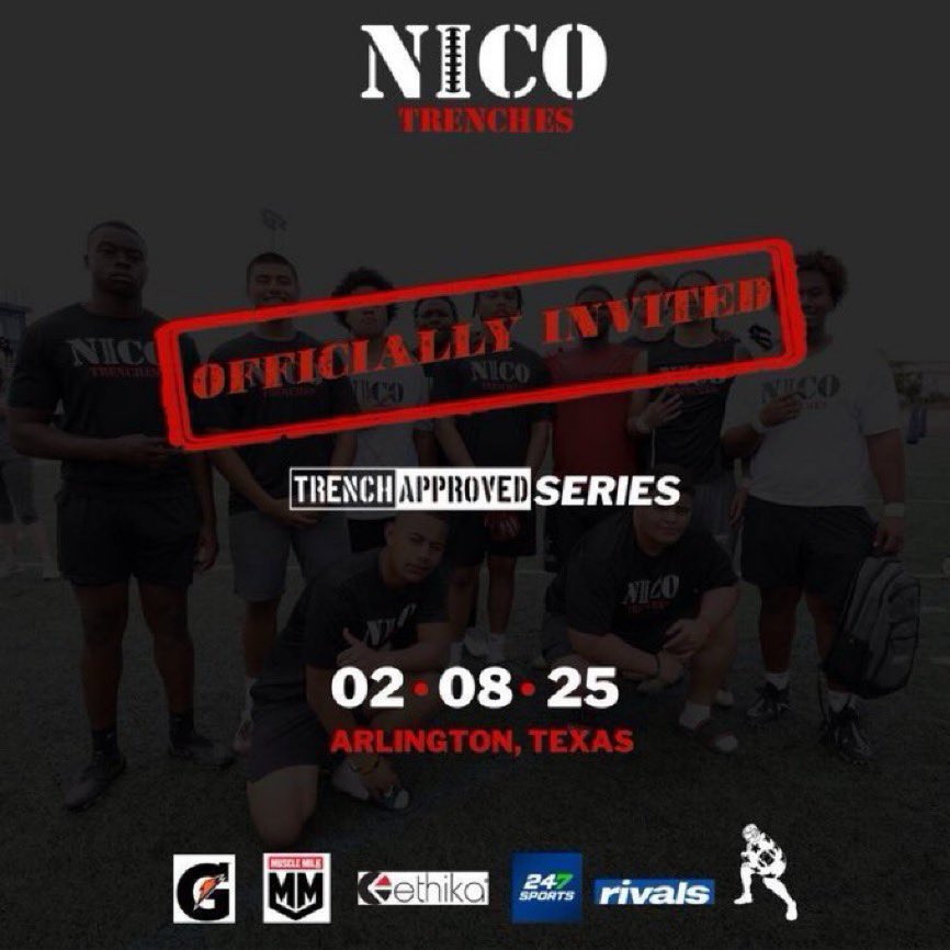 Thankful to receive an official invite to the <a href="/NICO_Trenches/">NICO TRENCHES | Linemen Training, Camps & Recruit.</a> Approved Series! Ready to compete with the best in Arlington, TX on 02/08/25! <a href="/CoachJoe_Elite/">Xavier Joe</a>  <a href="/etxhsfb/">Elgin Wildcat Football</a> <a href="/HeathClawson/">Coach Clawson</a> <a href="/CoachJayWllms/">Coach Jervis Williams</a>