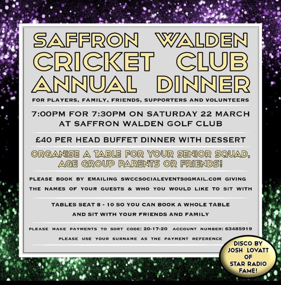 Saffron Walden CC (@swcccrocus) on Twitter photo ππ Join us for the Saffron Walden Cricket Club Annual Dinner! ππ
π
Saturday 22nd March
π Saffron Walden Golf Club
β° 7:00 PM for 7:30 PM start
π© Book now: swccsocialevents@gmail.com (let us know who youβre sitting with!) ππ Join us for the Saffron Walden Cricket Club Annual Dinner! ππ
π
Saturday 22nd March
π Saffron Walden Golf Club
β° 7:00 PM for 7:30 PM start
π© Book now: swccsocialevents@gmail.com (let us know who youβre sitting with!)