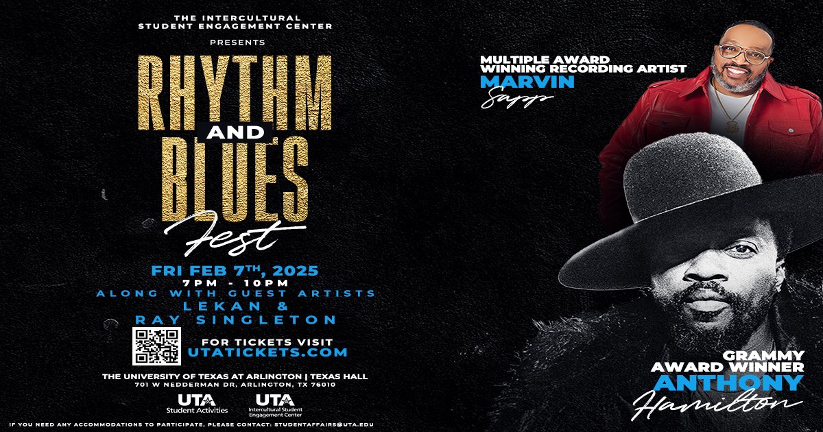 🔥 Get ready to vibe! 🔥 Who’s planning to see Grammy Award Winner Anthony Hamilton &amp; Grammy-Nominated Marvin Sapp LIVE at Texas Hall on February 7th at 7 PM?! 🎶✨ Drop a 🎤 if you're grabbing your FREE ticket! 🎟️👇 #BlackHistoryMonth #UTAEvents #VibeWithUs