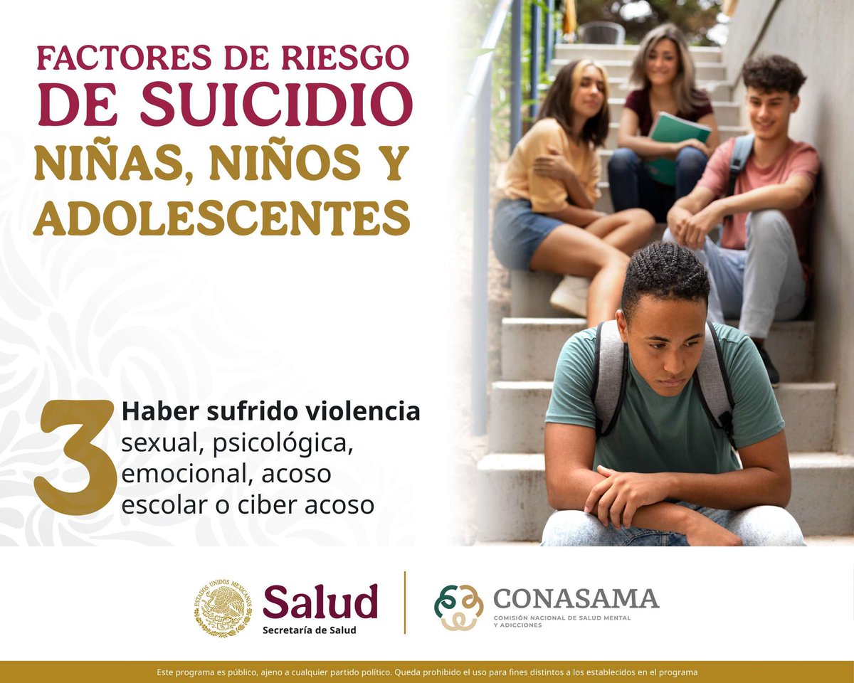 CMontemorelos's tweet photo. La violencia, de cualquier tipo, constituye un #FactorDeRiesgo elevado para manifestar conductas suicidas en la infancia y la adolescencia
Infórmate y actúa, llama a la Línea De La Vida 📷 800 911 2000
#DetengamosElSuicidio #DaleColorATuVida https://t.co/ErdETXPzpk