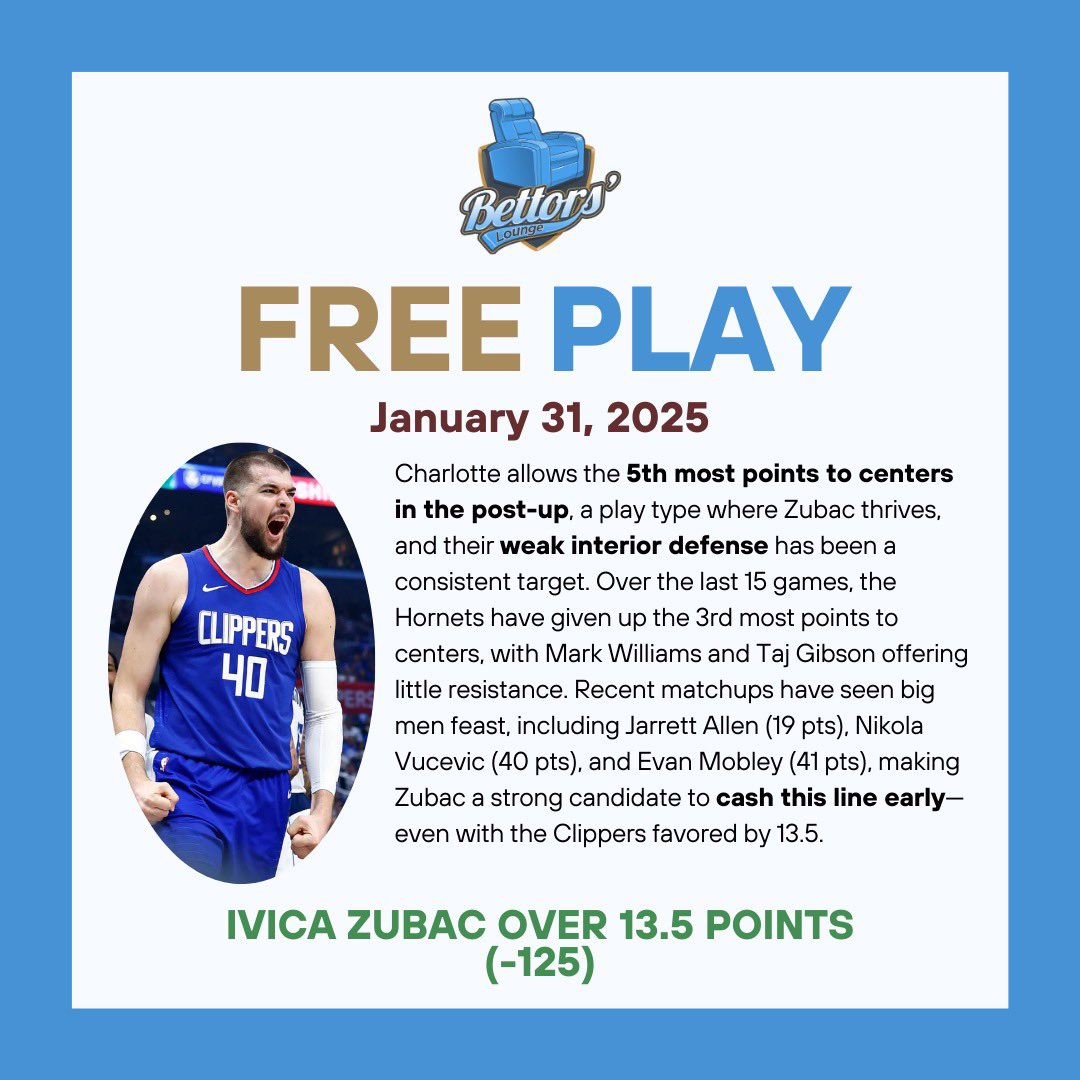 🚨FREE PLAY 🏀💰

Ivica Zubac over 13.5 points (-125)

Free Play Record: 13-9 (59.09%)

All-Time Unit Total: +510.04

#ClipperNation #HiveMentality  #IvicaZubac #NBA #NBABets #FreePlay #SportsGambling
