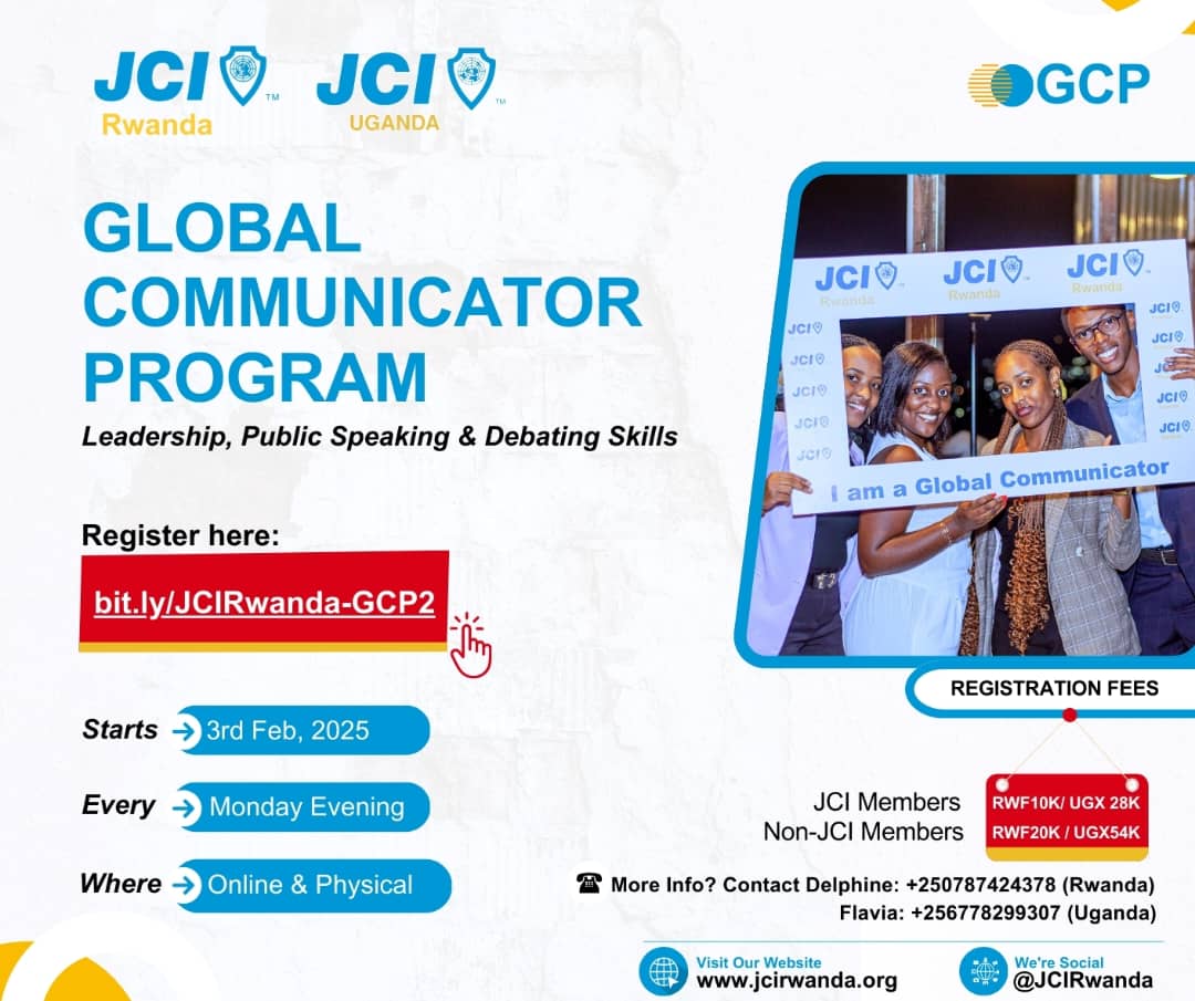 JCI Uganda (@jci_uganda) on Twitter photo 🌍✨ Level Up Your Communication Game! ✨🌍
<a href="/jcirwanda/">JCI Rwanda</a> & JCI Uganda present the Global Communicator Program—a unique opportunity to sharpen your public speaking, debating, and leadership skills! 🚀
Apply up;
bit.ly/JCIRwanda-GCP2 🌍✨ Level Up Your Communication Game! ✨🌍
<a href="/jcirwanda/">JCI Rwanda</a> & JCI Uganda present the Global Communicator Program—a unique opportunity to sharpen your public speaking, debating, and leadership skills! 🚀
Apply up;
bit.ly/JCIRwanda-GCP2
