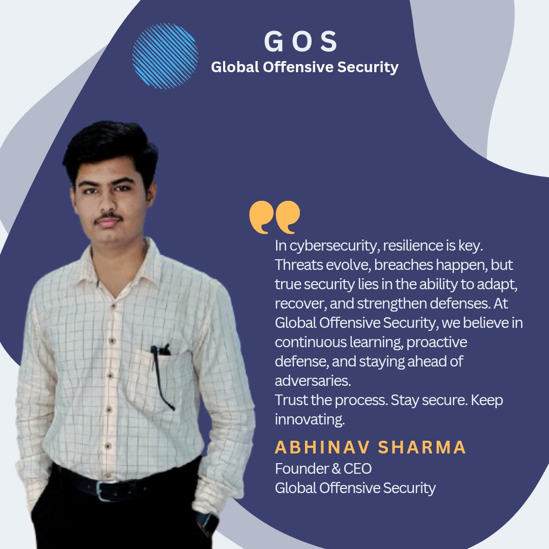 Abhinav Sharma 🇮🇳 (@abhinav_gosec) on Twitter photo Cybersecurity is a journey of resilience. Threats evolve, but so do we. At <a href="/gos_security/">Global Offensive Security</a>, we believe in continuous learning, proactive defense, and staying ahead of adversaries.
Trust the process. Stay secure. Keep innovating. #CyberSecurity #Infosec #GOSEC Cybersecurity is a journey of resilience. Threats evolve, but so do we. At <a href="/gos_security/">Global Offensive Security</a>, we believe in continuous learning, proactive defense, and staying ahead of adversaries.
Trust the process. Stay secure. Keep innovating. #CyberSecurity #Infosec #GOSEC