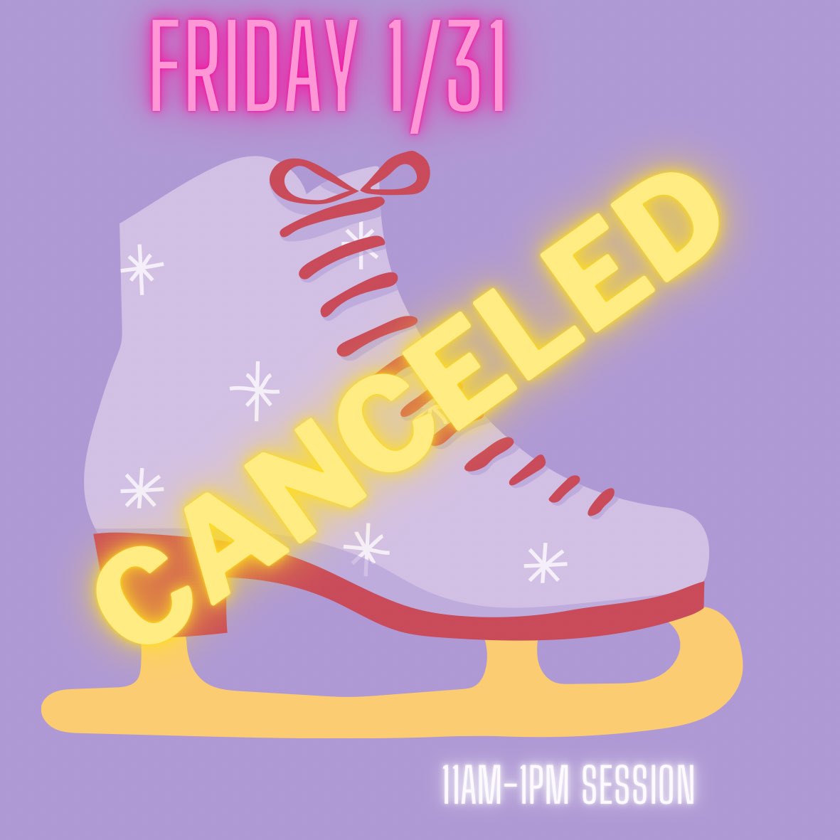 Due to weather, the 11am-1pm skate session will be canceled today January 31st, 2025. Refunds will be issued accordingly for this skate session.

Any further closures will be communicated via social media and the Maggie Daley park website.