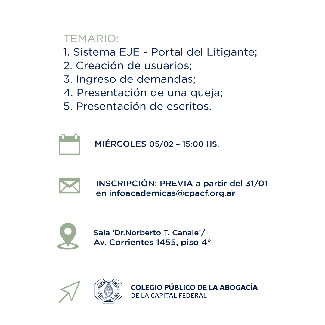📚 Actuación Profesional por ante los Tribunales y el TSJ en la Justicia de #CABA 
🗓 Miérc  5 Feb
⏰️ 15h
📍 Sala Canale #CPACF 
Más info 👉 
#Capacitación #PoderJudicial #Levinas #MasCercaTuyo  #JusticiaDeLaCiudad
