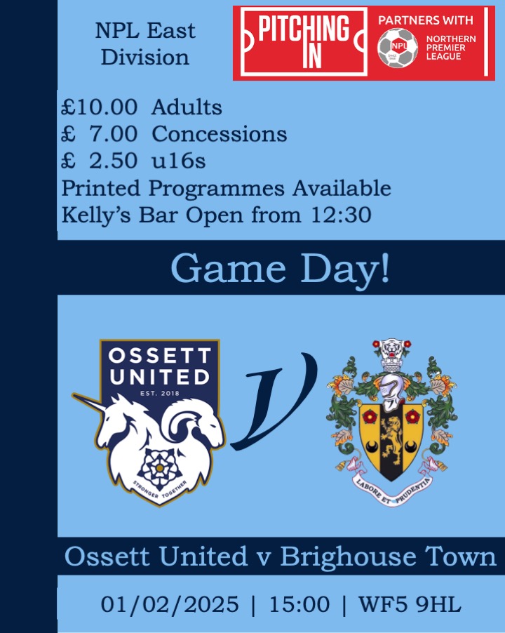 OssettUnited's tweet photo. 🆚 @brighousetownfc 
📅 Saturday 1 February
⏲️ 3pm
🍻 Kelly's Bar open from 12:30pm
🍔 Hot food available from our cafe
📝 Printed programmes available
🐕‍🦺 Dogs welcome on a lead
🎟️ Tickets can be purchased on the turnstile or in advance here: https://t.co/pWkPdwVzeU

💸 Nick Smith will be in the Graham Firth Suite after the game with the January monthly draw