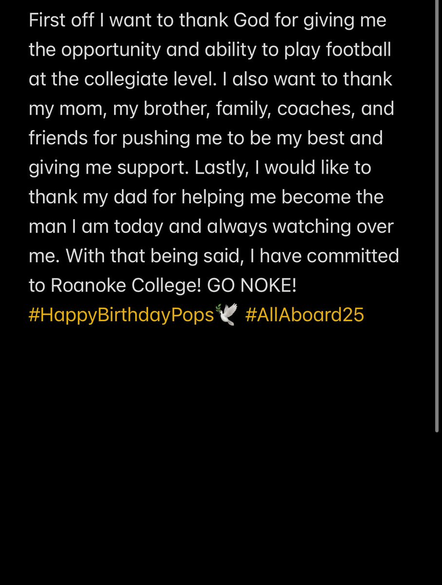 Proud to announce my commitment to Roanoke College!
<a href="/CoachGiancola/">Mike Giancola</a> 
<a href="/BryanStiney/">Coach Stiney</a> 
<a href="/CoachHarless55/">Coach Harless</a> 
<a href="/Coach_Meeks17/">Jonathan Meeks</a>