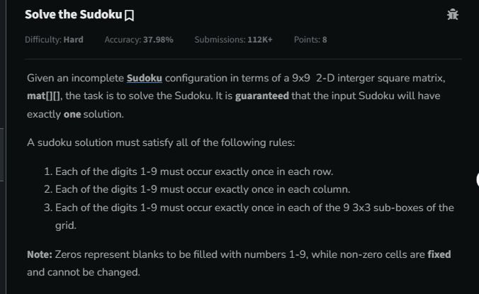 j_vidyashr10514's tweet photo. Day 75 of #gfg160 Challenge!  
Sudoku Solver: Optimized backtracking solution using bitwise operations to solve the Sudoku puzzle. #geekstreak2025 #womenintech #Zoho #Flipkart #Amazon #Microsoft #MakeMyTrip #OlaCabs #Oracle #MAQSoftware #Directi #PayPal #Samsung  
@geeksforgeeks https://t.co/h3NoUpHMx7