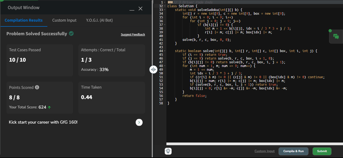 j_vidyashr10514's tweet photo. Day 75 of #gfg160 Challenge!  
Sudoku Solver: Optimized backtracking solution using bitwise operations to solve the Sudoku puzzle. #geekstreak2025 #womenintech #Zoho #Flipkart #Amazon #Microsoft #MakeMyTrip #OlaCabs #Oracle #MAQSoftware #Directi #PayPal #Samsung  
@geeksforgeeks https://t.co/h3NoUpHMx7