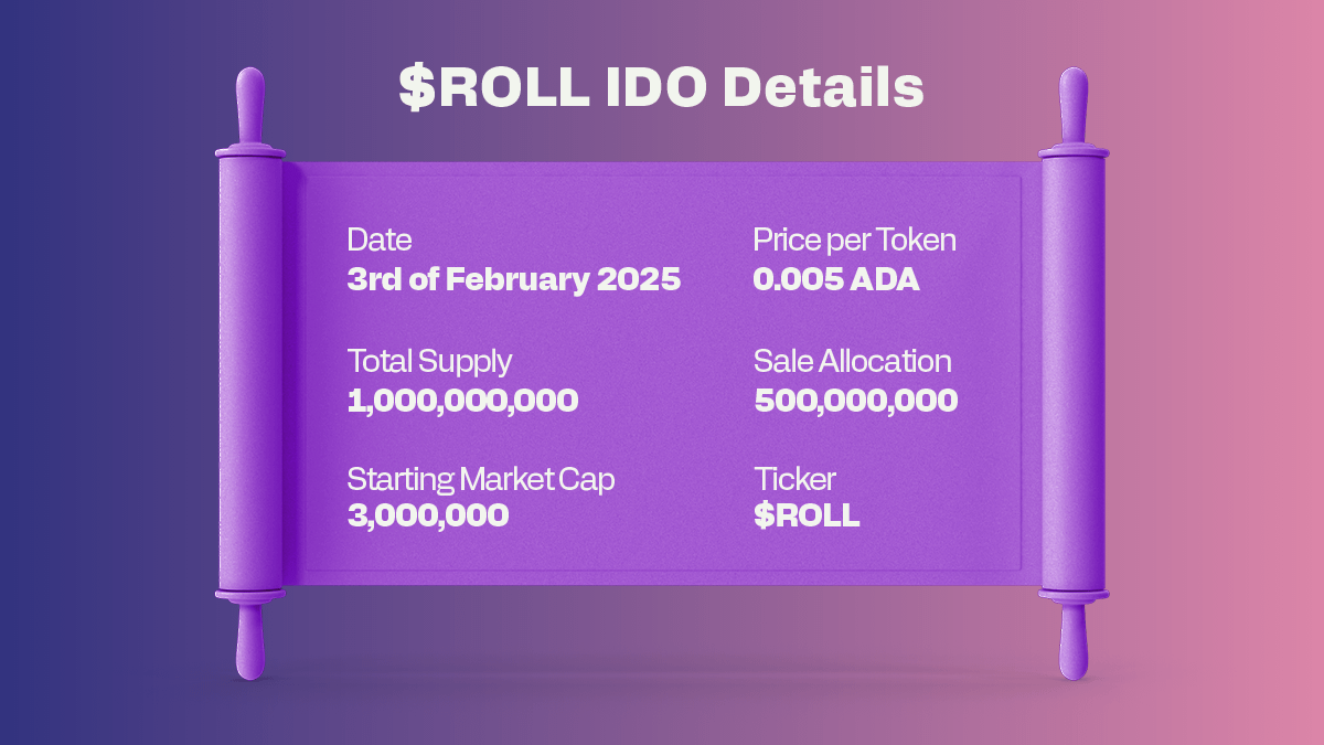 📢 Announcing the $ROLL IDO details!

The IDO starts at 16:00 UTC on 03/02/2025. You don't want to miss this! ⤵️
