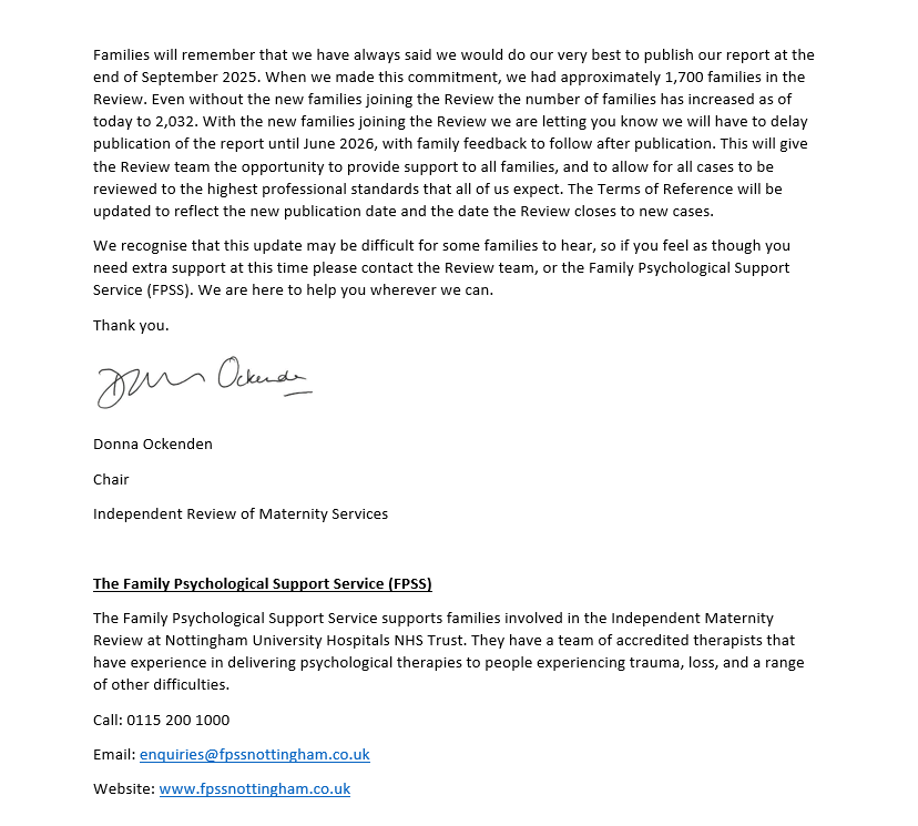 Independent Maternity Review NUH Trust (@ockreview) on Twitter photo An update from the Chair of the Review, Donna Ockenden. Our office team are available to answer questions, today & tomorrow 10am-2pm. βοΈ 01243 786993 π§ nottsreview@donnaockenden.com. An update from the Chair of the Review, Donna Ockenden. Our office team are available to answer questions, today & tomorrow 10am-2pm. βοΈ 01243 786993 π§ nottsreview@donnaockenden.com.