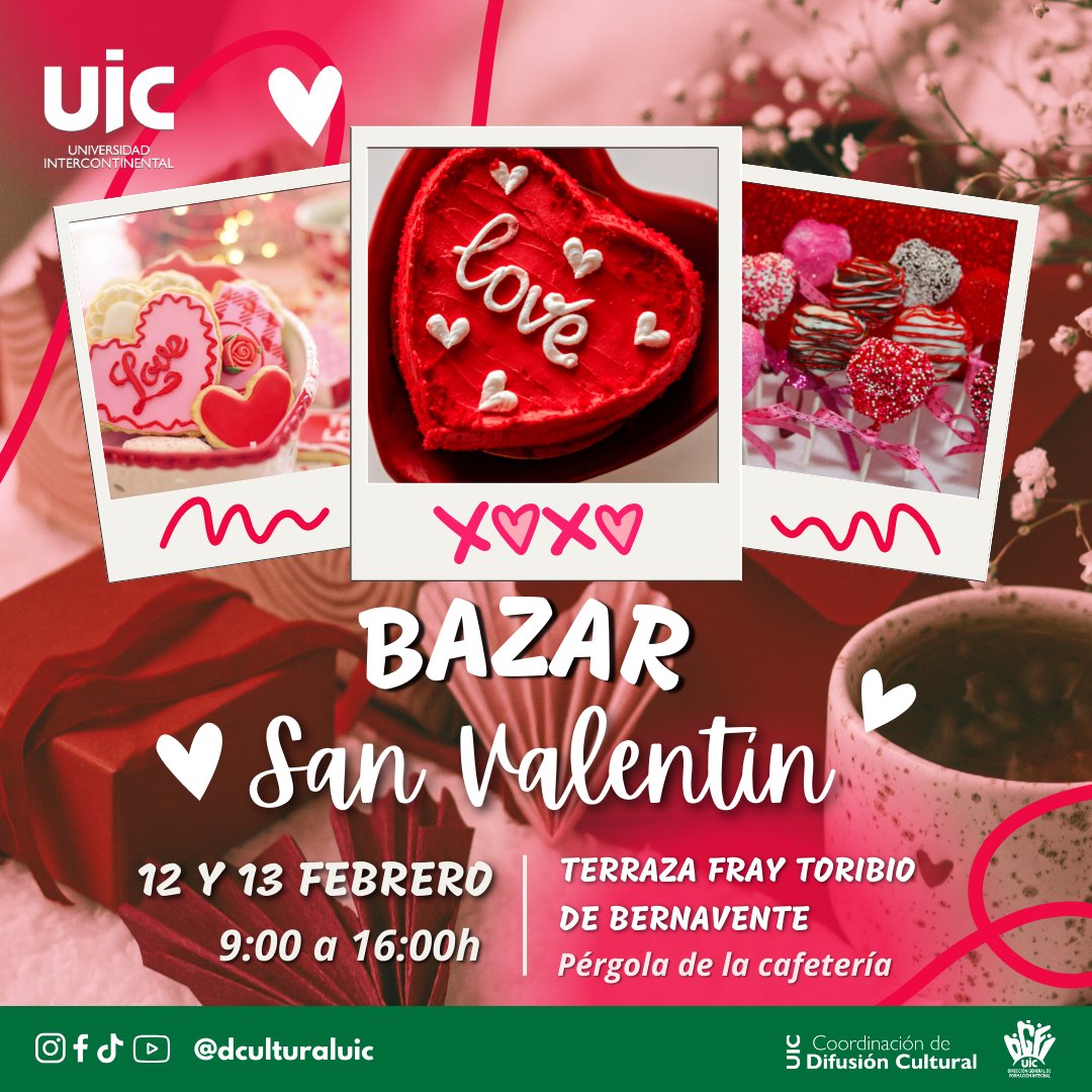 🥰Encuentra el regalo perfécto y disfruta de una gran variedad de productos y alimentos. 💘
Te esperamos el 12 y 13 de febrero de 9 a 16h, en la Terraza Fray Toribio de Benavente Motolinía.
#SanValentin #CulturaUIC #DGFI