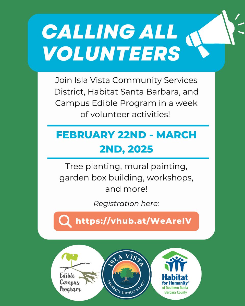 We have a very exciting week of volunteer opportunities coming up! Join us at our We Are Isla Vista: Community Cares Event. There are over a dozen opportunities to come out and volunteer from February 22nd-March 2nd. Sign up today at vhub.at/WeAreIV
