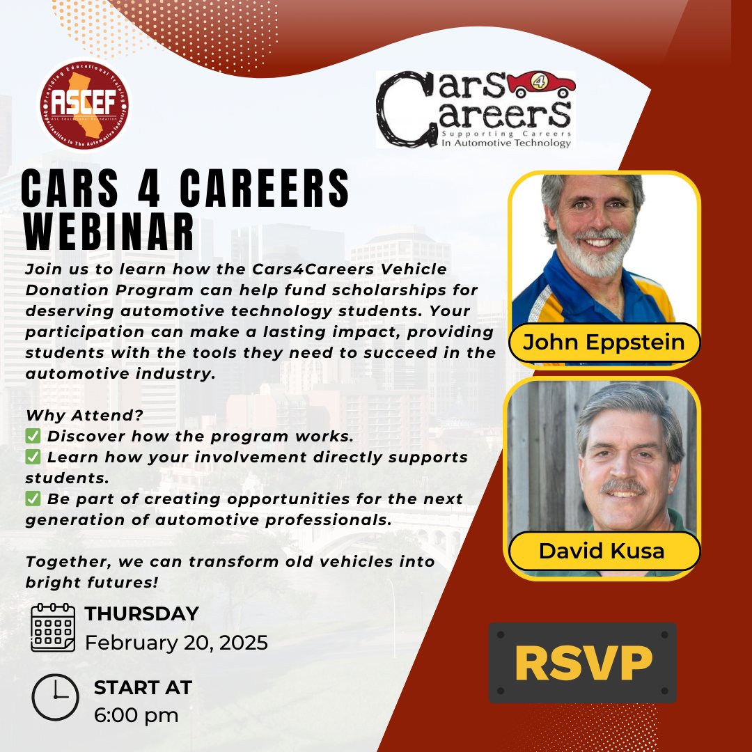 Join us for the Cars 4 Careers Webinar on Thursday, February 20 at 6:00 PM! Learn how the donation program helps fund scholarships for automotive technology students and how YOU can get involved! Register here: ow.ly/jpAQ50UC3ns