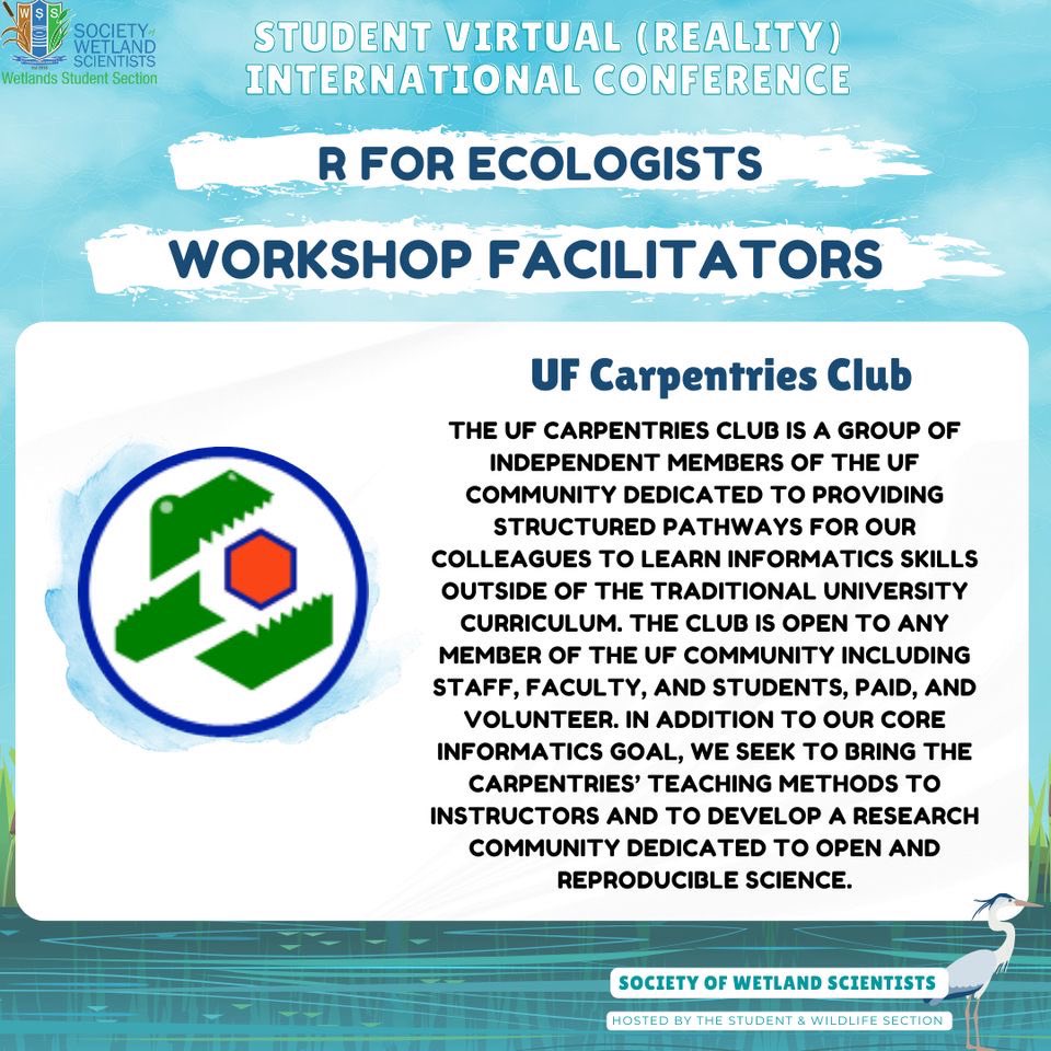 <a href="/StudentsofSWS/">Students of SWS</a> 

Today at 6pm EST we will be having two workshops:

1. R for Ecologist hosted by UF Carpentries Club 🐊 

2. Career progression and elevation panel 💼

Register here : …ofwetlandscientists.growthzoneapp.com/event-calendar…