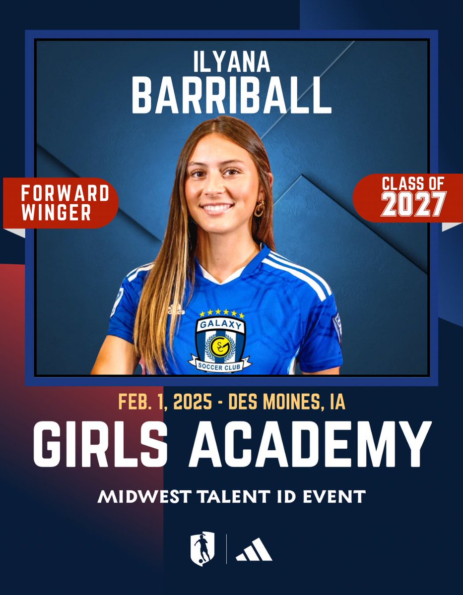 Ilyana Barriball 2027 (@ilyanabarriball) on Twitter photo Excited to play at the Midwest Talent ID camp this Saturday for the second consecutive year. Can’t wait to represent <a href="/GalaxySCIL/">Galaxy Soccer Club</a> . Thank you again to <a href="/GAcademyLeague/">Girls Academy</a> for the invite‼️⚽️🙌
<a href="/galaxy09GA/">Galaxy2009GA</a> <a href="/ImYouthSoccer/">ECNL/GA/Recruiting/College Soccer</a> <a href="/PrepSoccer/">Prep Soccer ⚽️</a> <a href="/TheSoccerWire/">SoccerWire</a> <a href="/TopDrawerSoccer/">TopDrawerSoccer</a> Excited to play at the Midwest Talent ID camp this Saturday for the second consecutive year. Can’t wait to represent <a href="/GalaxySCIL/">Galaxy Soccer Club</a> . Thank you again to <a href="/GAcademyLeague/">Girls Academy</a> for the invite‼️⚽️🙌
<a href="/galaxy09GA/">Galaxy2009GA</a> <a href="/ImYouthSoccer/">ECNL/GA/Recruiting/College Soccer</a> <a href="/PrepSoccer/">Prep Soccer ⚽️</a> <a href="/TheSoccerWire/">SoccerWire</a> <a href="/TopDrawerSoccer/">TopDrawerSoccer</a>
