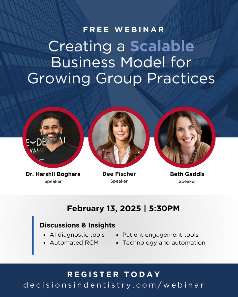 Join us to explore the key technologies and innovations that will help growing practices and group practices drive efficiency, enhance patient experience and simplify workflows.

REGISTER TODAY
decisionsindentistry.com/webinar

#dentistry #dentist #dental #dds