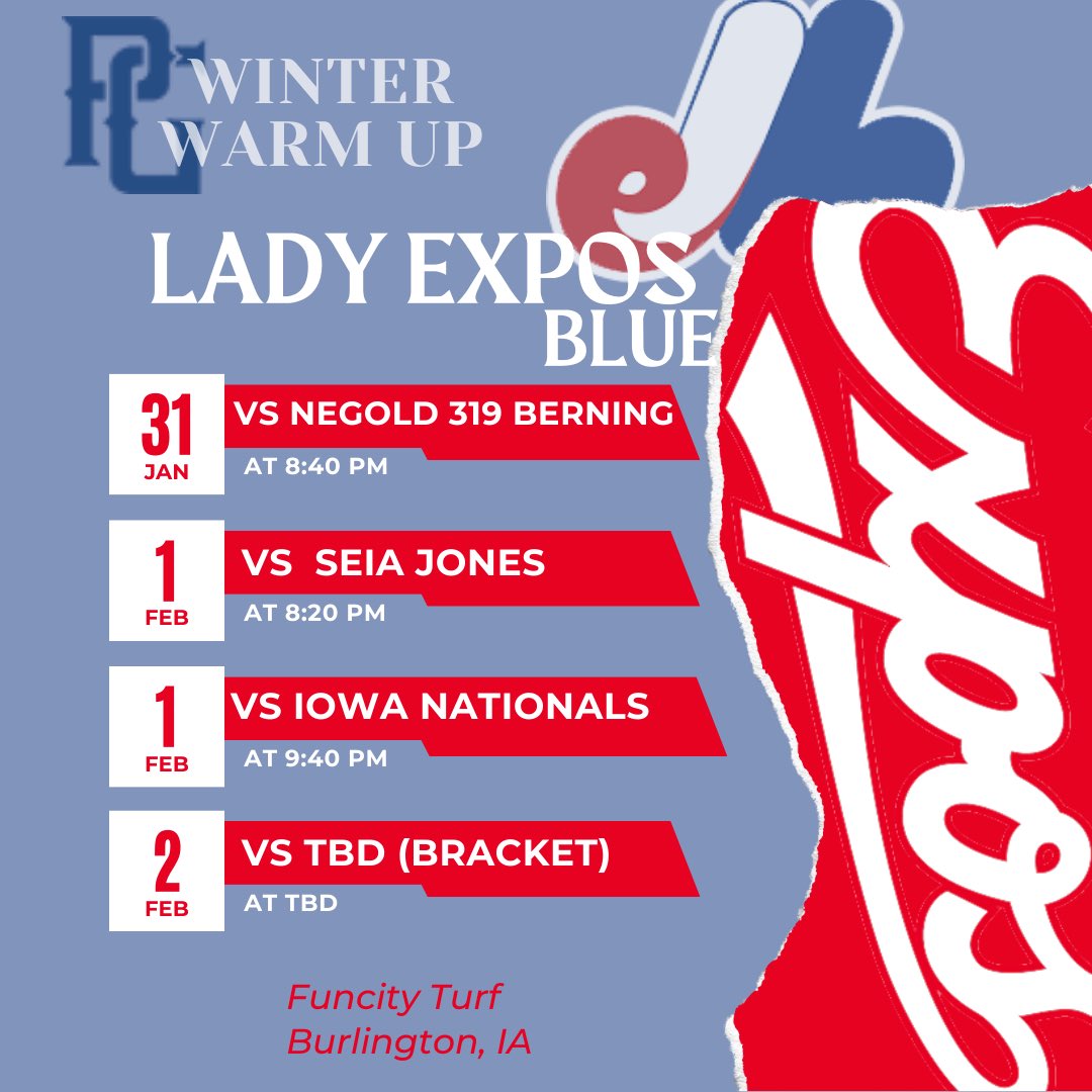 Lady Expos Softball Organization (@exposlady) on Twitter photo Back at it tonight in Burlington <a href="/PG_Softball/">Perfect Game Softball</a> Winter Warm Up! Team this weekend features <a href="/juliaroth28/">Julia Roth</a> ➡️ <a href="/iowasoftball/">Iowa Softball</a> / <a href="/KylieSieverding/">Kylie Sieverding</a> ➡️ <a href="/UNISoftball/">UNI Softball</a> / <a href="/ava_hahn26/">Ava Hahn</a> ➡️ <a href="/MMUSoftball/">Mount Mercy Softball</a> /
#uncommitted ➡️ <a href="/AnnieHefel/">Annie Hefel</a> <a href="/KleinAddison/">Addison Klein</a> <a href="/sophiasydmiller/">Sophia</a> & <a href="/LaurenVaske07/">Lauren Vaske</a> Back at it tonight in Burlington <a href="/PG_Softball/">Perfect Game Softball</a> Winter Warm Up! Team this weekend features <a href="/juliaroth28/">Julia Roth</a> ➡️ <a href="/iowasoftball/">Iowa Softball</a> / <a href="/KylieSieverding/">Kylie Sieverding</a> ➡️ <a href="/UNISoftball/">UNI Softball</a> / <a href="/ava_hahn26/">Ava Hahn</a> ➡️ <a href="/MMUSoftball/">Mount Mercy Softball</a> /
#uncommitted ➡️ <a href="/AnnieHefel/">Annie Hefel</a> <a href="/KleinAddison/">Addison Klein</a> <a href="/sophiasydmiller/">Sophia</a> & <a href="/LaurenVaske07/">Lauren Vaske</a>