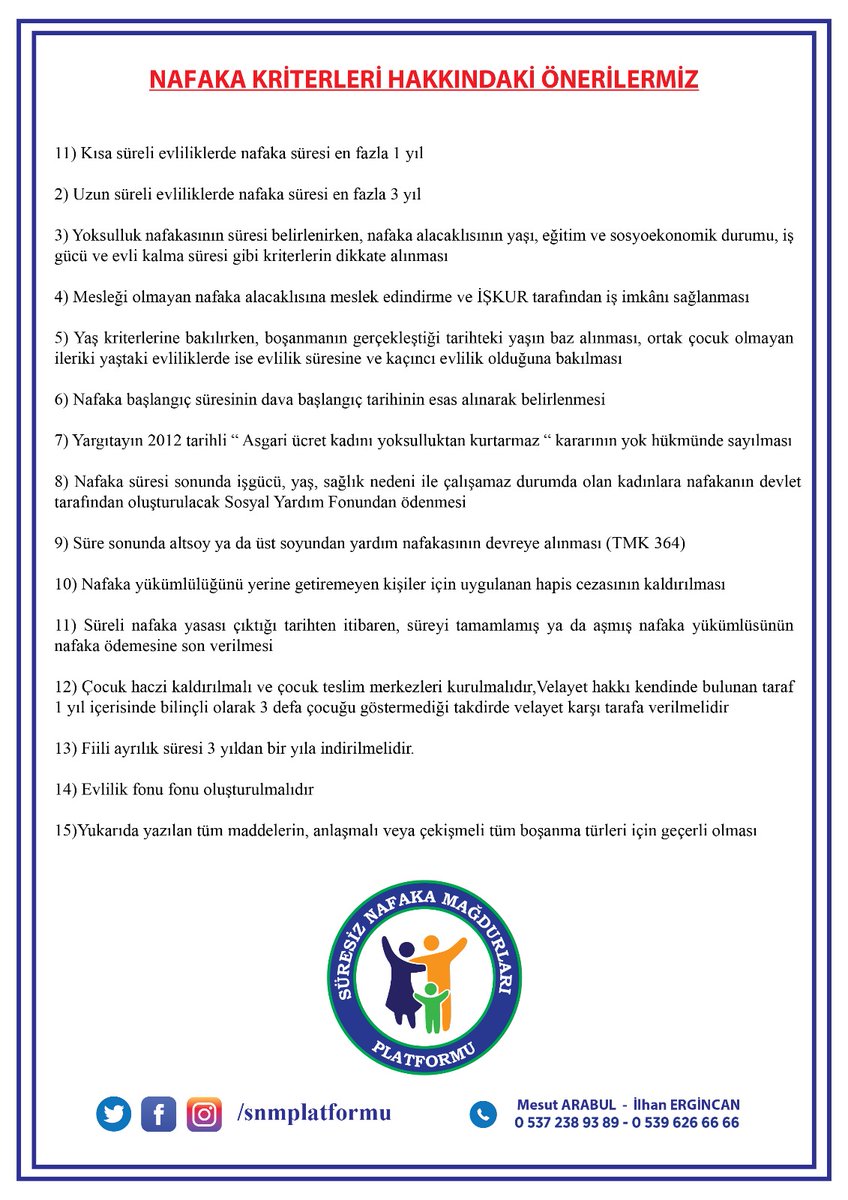 ailehareketii's tweet photo. 📌 Süresiz Nafaka
📌 Boşanamamak
📌 Ortak Velayet
Konularında düzenlenmesi düşünülen yasal düzenleme hususunda platform olarak taleplerimiz görseldedir.
@RTErdogan @tcbestepe
@eczozgurozel @dbdevletbahceli @erbakanfatih @zyapicioglu @NumanKurtulmus @MahinurOzdemir @yilmaztunc @TBMMresmi @Akparti @herkesicinCHP @MHP_Bilgi @rprefahpartisi @HurDavaPartisi @AKKADINGM @CHPKadinKolu @mhpkacep