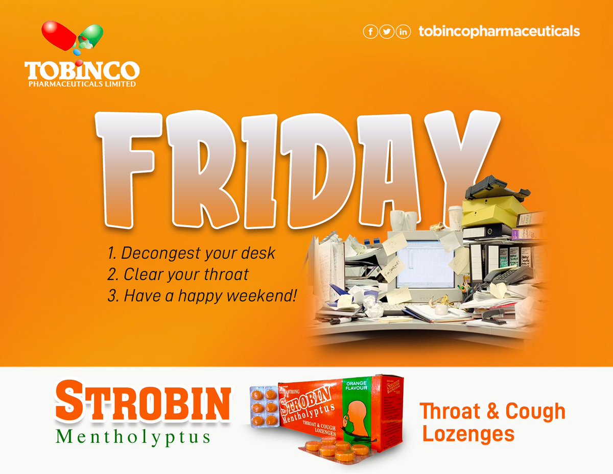 Tobincopharmacy's tweet photo. Happy Weekend...

#Strobin #Tobinco #Ablakwa #FridayVibes #TGIF #TGIFridayNight #Decongestion #Throat #Pharmaceutical https://t.co/bNgPiC9FUp