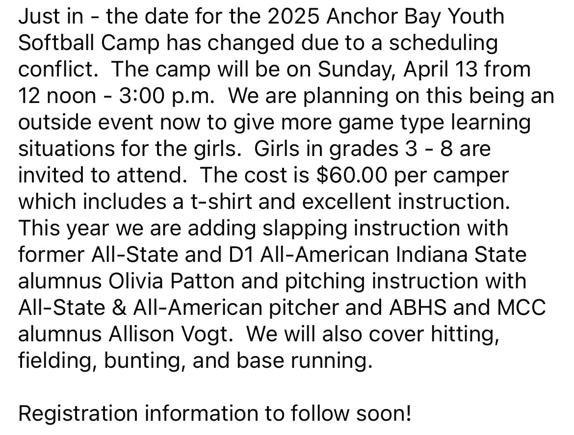 SOFTBALL CAMP UPDATE