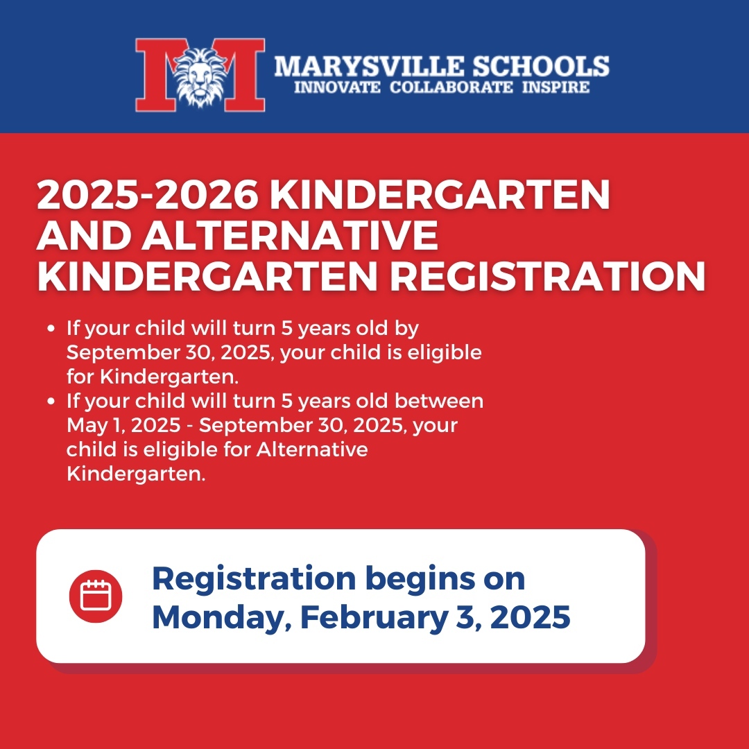 📢 Reminder! 📚

Registration for 2025-2026 Kindergarten &amp; Alternative Kindergarten opens February 3 at 9 AM!

✅ Kindergarten: 5 yrs by 9/30/25
✅ Alternative Kindergarten: 5 yrs 5/1–9/30/25

Details &amp; enrollment: marysville.k12.oh.us/our-district/e…
#PTBM #MEVSD