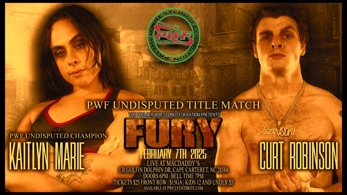 ‼️MAIN EVENT ANNOUNCEMENT‼️

After the inclement weather shut down the last show, “Calculated” Curt Robinson will not let his championship opportunity slip through his fingers! PWF Champion Kaitlyn Marie will defend against Robinson at #PWFFury