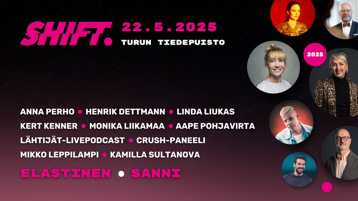 Katsokaa nyt ystävät tota Shiftin esiintyjäkaartia missä olen mukana! 

Elastinen, Linda Liukas, Henrik Dettmann, Anna Perho, Sanni… viimeisimpänä kiinnityksenä myös Perttu Pölönen. Siis WAU 🤩