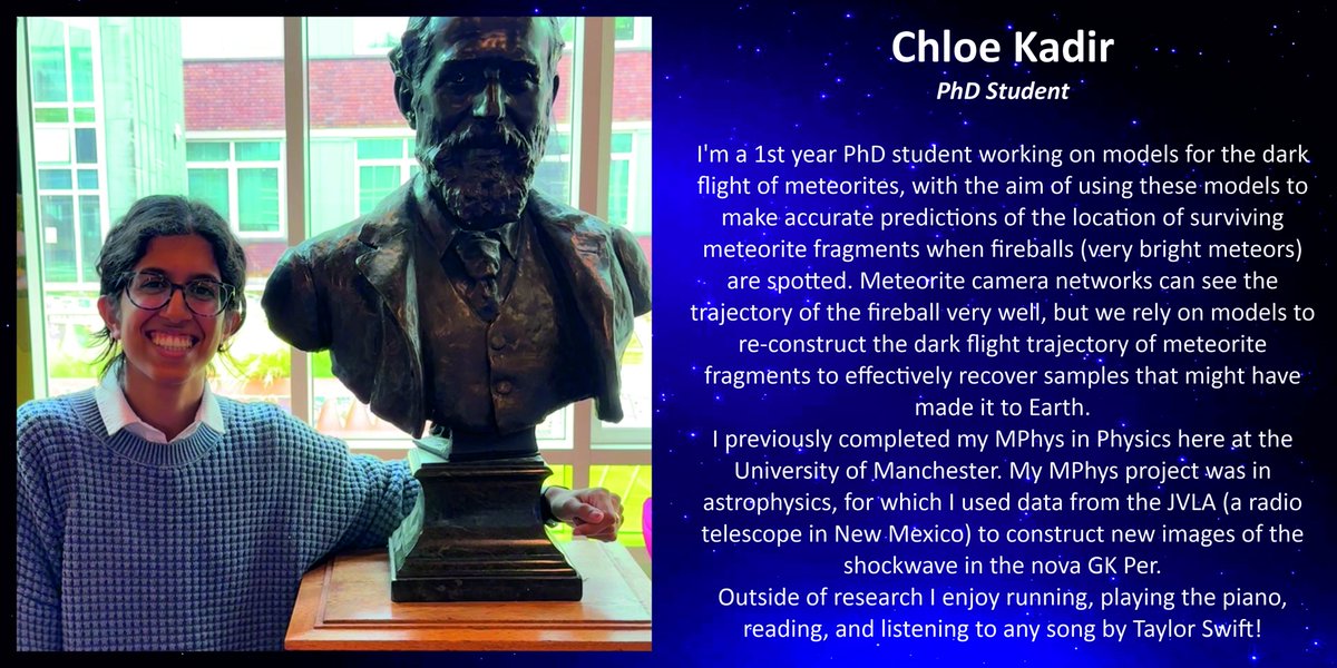 Earth and Solar System (@earthsolarsystm) on Twitter photo This week we'd like to introduce PhD student <a href="/chloe_kadir/">Chloe Kadir</a>, who has joined us from <a href="/UoMPhysics/">UoM Physics & Astronomy</a> just around the corner.
Chloe is working on models for the flights of meteors, to make better predictions about if and where meteorites might land when fireballs are seen ☄️ This week we'd like to introduce PhD student <a href="/chloe_kadir/">Chloe Kadir</a>, who has joined us from <a href="/UoMPhysics/">UoM Physics & Astronomy</a> just around the corner.
Chloe is working on models for the flights of meteors, to make better predictions about if and where meteorites might land when fireballs are seen ☄️