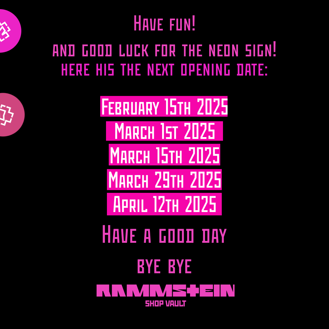 RammsteinShopUn's tweet photo. Rammstein store berlin opening!

Come by and get a chanche to win  a signed “Pussy” neon sign

This saturday 
February 1st 2025
10AM-2PM
#Rammstein #RammsteinShop #RammsteinStore #RammsteinStoreBerlin https://t.co/YKsYCLWzw3