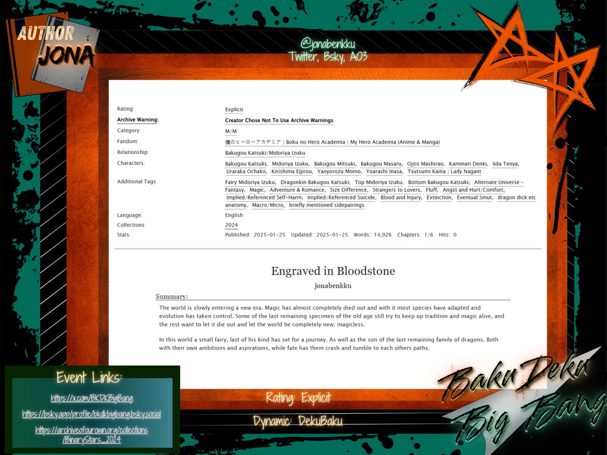 My contribution to the <a href="/BKDKBigBang/">✨️ Binary Stars BkDkBk- 2024 Bang Posting</a> 2024 is here~
With some gorgeous cover art from <a href="/kiriga_kun_/">kiri .☘︎ ݁˖</a> I couldn't be happier with!
3/6 chapters are out right now and I'll be posting next chapter in Feb~🤍Come get your fantasy fix hehee
🔗archiveofourown.org/works/62504665/