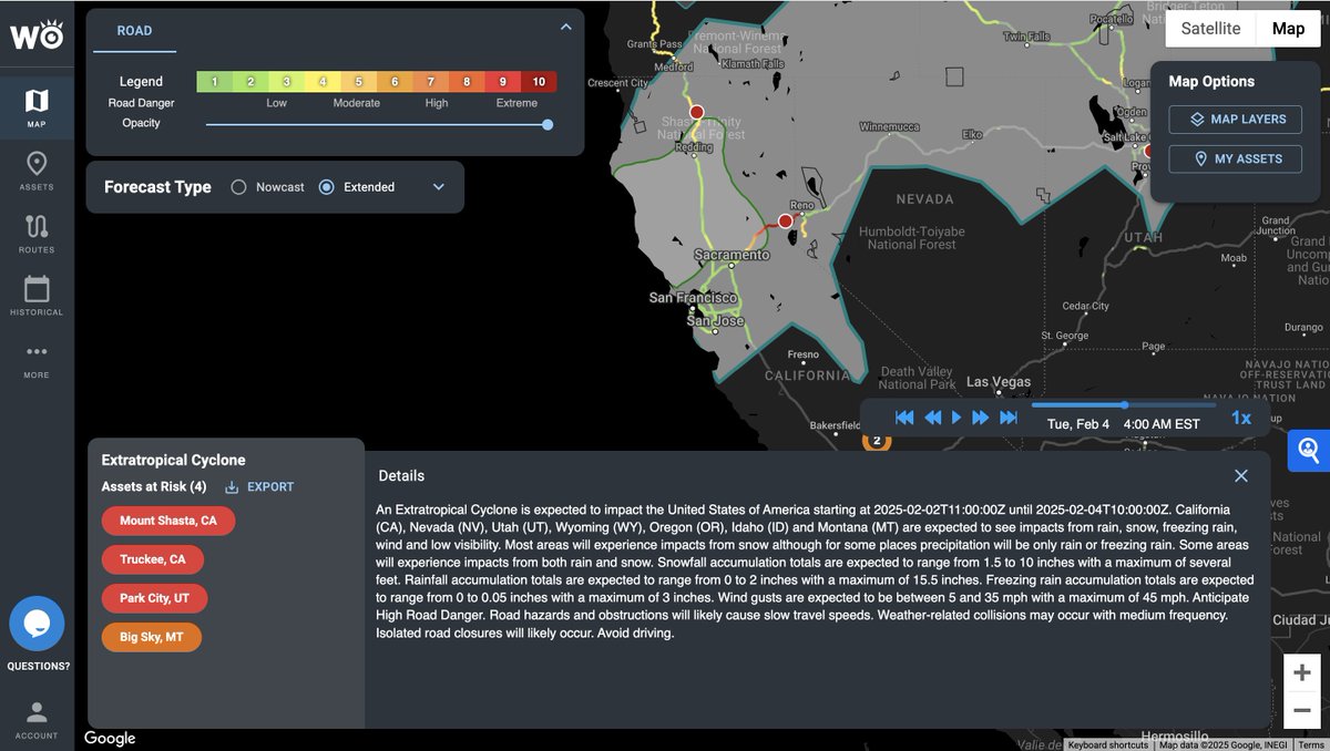 If your shipments rely on I-80 through Donner Pass next week, brace for major delays, shutdowns, and extreme driving conditions.

WeatherOptics allows you to see road closures up to 7 days in advance – giving you the power to plan ahead. 

Road Risk in Truckee, CA is forecasted