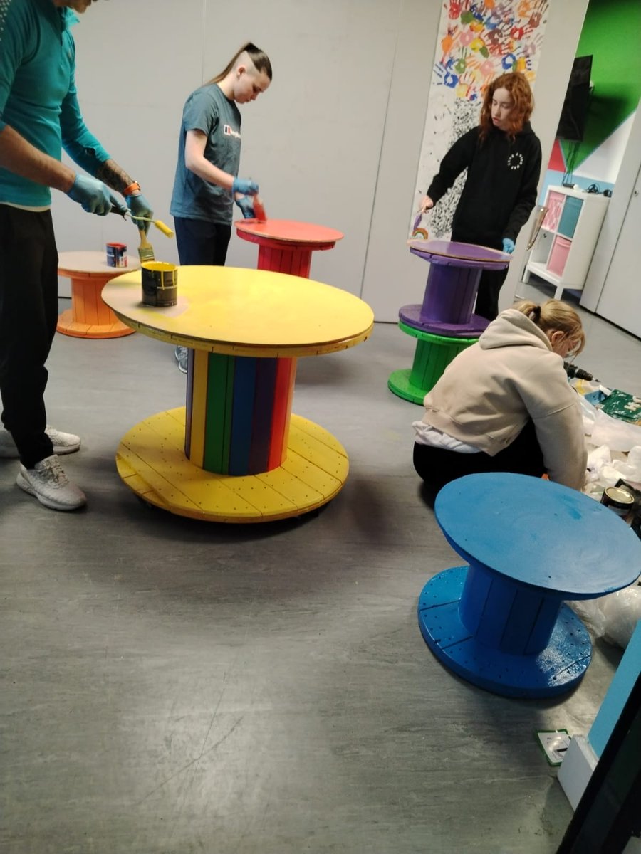 CherryOrchardEq's tweet photo. More progress on our rainbow 🌈 table and chairs today #pride #creatingsafespaces #COYouthservice #youthworkworks https://t.co/WCnnjpFemt