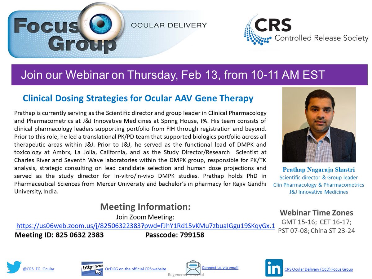 CRS Focus Group - Ocular Delivery (@crs_fg_ocular) on Twitter photo π£οΈ Join us for an exclusive webinar: "Clinical Dosing Strategies for Ocular AAV Gene Therapy" with Prathap Nagaraja Shastri <a href="/PNShastri/">Prathap Nagaraja Shastri</a>, Scientific Director and Group Leader at J&J <a href="/JNJNews/">Johnson & Johnson</a>
π
Thursday, Feb 13 | π10-11 AM EST
π us06web.zoom.us/j/82506322383?β¦
#GeneTherapy <a href="/CRSScience/">Controlled Release Society</a> π£οΈ Join us for an exclusive webinar: "Clinical Dosing Strategies for Ocular AAV Gene Therapy" with Prathap Nagaraja Shastri <a href="/PNShastri/">Prathap Nagaraja Shastri</a>, Scientific Director and Group Leader at J&J <a href="/JNJNews/">Johnson & Johnson</a>
π
Thursday, Feb 13 | π10-11 AM EST
π us06web.zoom.us/j/82506322383?β¦
#GeneTherapy <a href="/CRSScience/">Controlled Release Society</a>