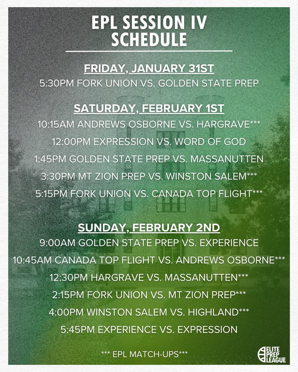 GoldenStatePrepBball (@gsp_bball) on Twitter photo Golden State Prep Schedule for <a href="/ElitePrepLeague/">ElitePrepLeague</a> Session IV
Friday 1/31
5:30pm - GSP vs Fork Union (VA)
Saturday 2/1
1:45pm - GSP vs Massanutten Academy (VA)
Sunday 2/2
9:00am - GSP vs Experience Academy (TN) Golden State Prep Schedule for <a href="/ElitePrepLeague/">ElitePrepLeague</a> Session IV
Friday 1/31
5:30pm - GSP vs Fork Union (VA)
Saturday 2/1
1:45pm - GSP vs Massanutten Academy (VA)
Sunday 2/2
9:00am - GSP vs Experience Academy (TN)