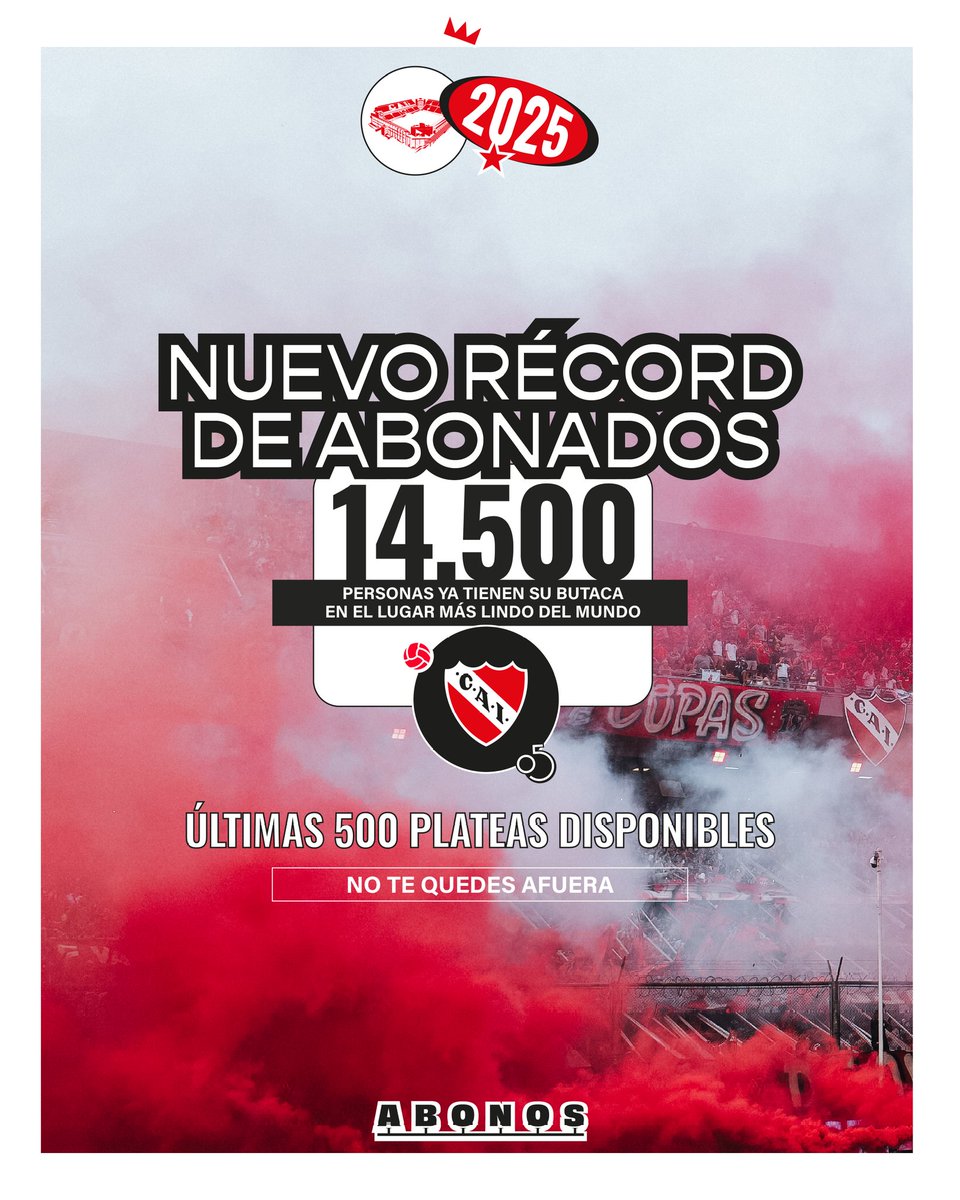 Independiente's tweet photo. ¡NUEVO RÉCORD DE ABONADOS! 🔥

Ya somos 14.500 en el lugar más lindo del mundo. Quedan las últimas 500 plateas.

Abonate ahora e ingresá desde este domingo ante Gimnasia ➡️ https://t.co/tG0Ge6bVnA

#TodoRojo 🔴 https://t.co/0n35JrZtQi