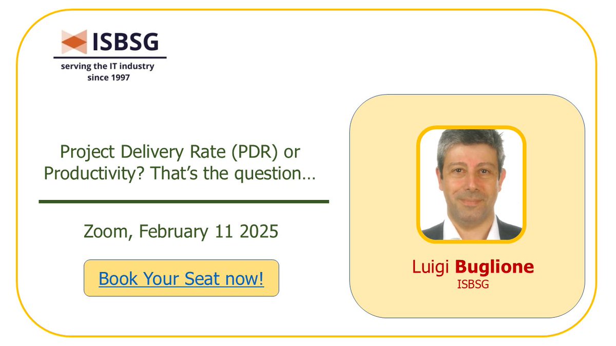 New <a href="/isbsg/">ISBSG</a> #webinar on #Feb11 with <a href="/lbu_measure/">Luigi Buglione</a>, speaking about how to properly use #PDR and #productivity values for improving estimates.

#BookYourSeatNow: 
us06web.zoom.us/meeting/regist…

#DataIsPower #Bencmarking #ISO29155